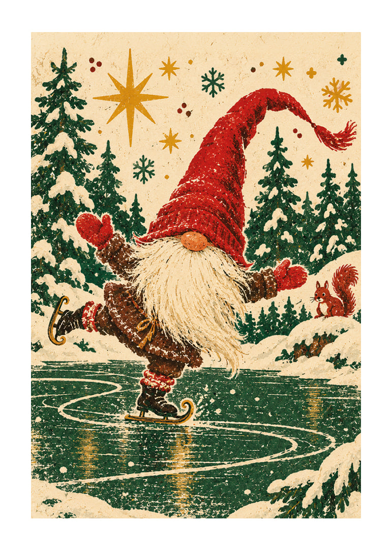 Un Papá Noel feliz patina sobre un lago helado en un bosque invernal nevado.-12