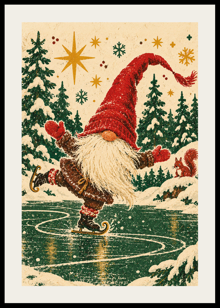 Un Papá Noel feliz patina sobre un lago helado en un bosque invernal nevado.-12