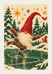 Un Papá Noel feliz patina sobre un lago helado en un bosque invernal nevado.-3
