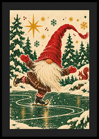 Un Papá Noel feliz patina sobre un lago helado en un bosque invernal nevado.-4
