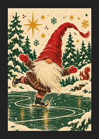 Un Papá Noel feliz patina sobre un lago helado en un bosque invernal nevado.-5