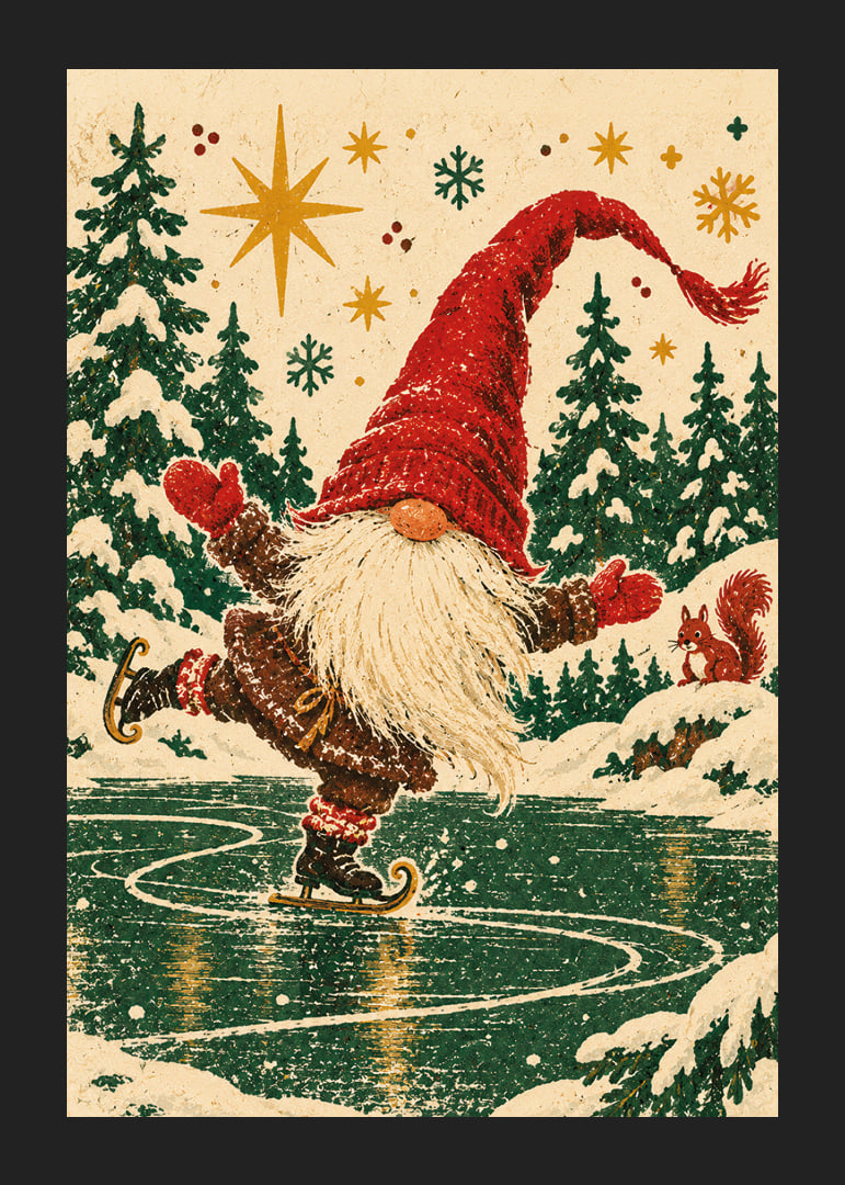 Un Papá Noel feliz patina sobre un lago helado en un bosque invernal nevado.-12