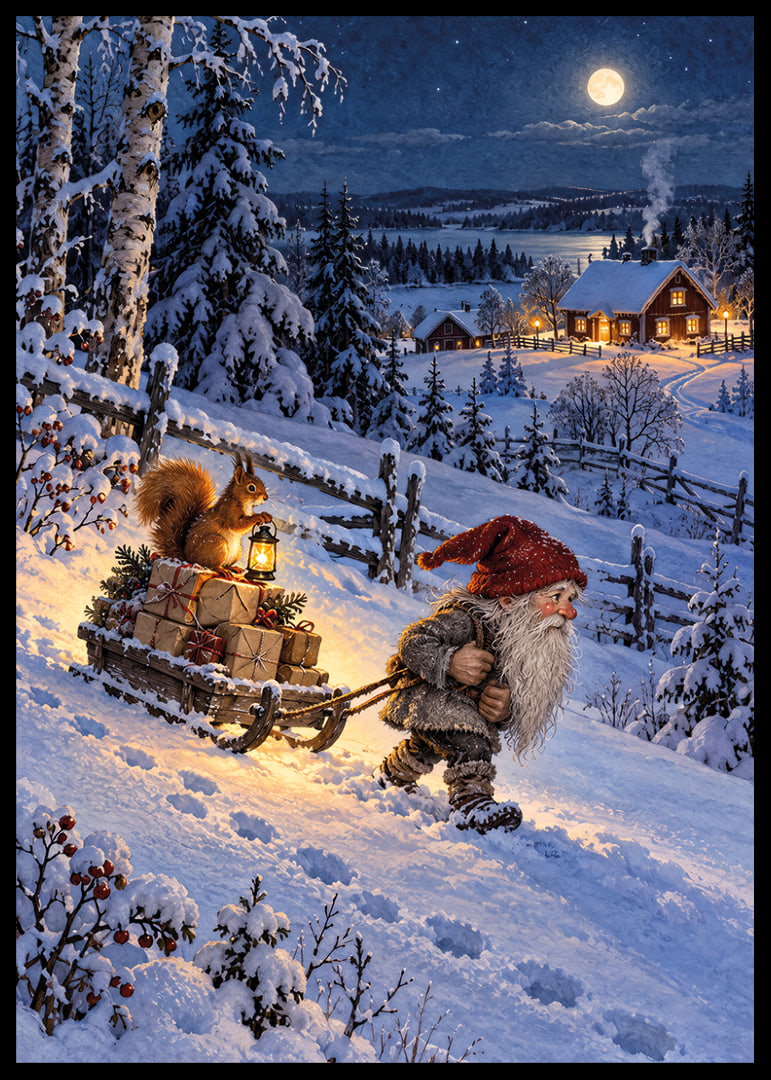 Un Papá Noel arrastra regalos bajo la luz de la luna nevada hacia un cálido pueblo.-12
