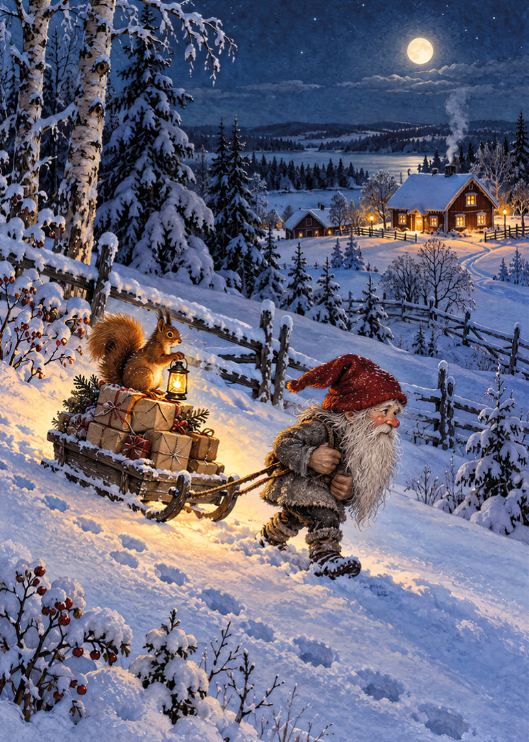 Un Papá Noel arrastra regalos bajo la luz de la luna nevada hacia un cálido pueblo.-12