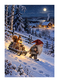 Un Papá Noel arrastra regalos bajo la luz de la luna nevada hacia un cálido pueblo.-1