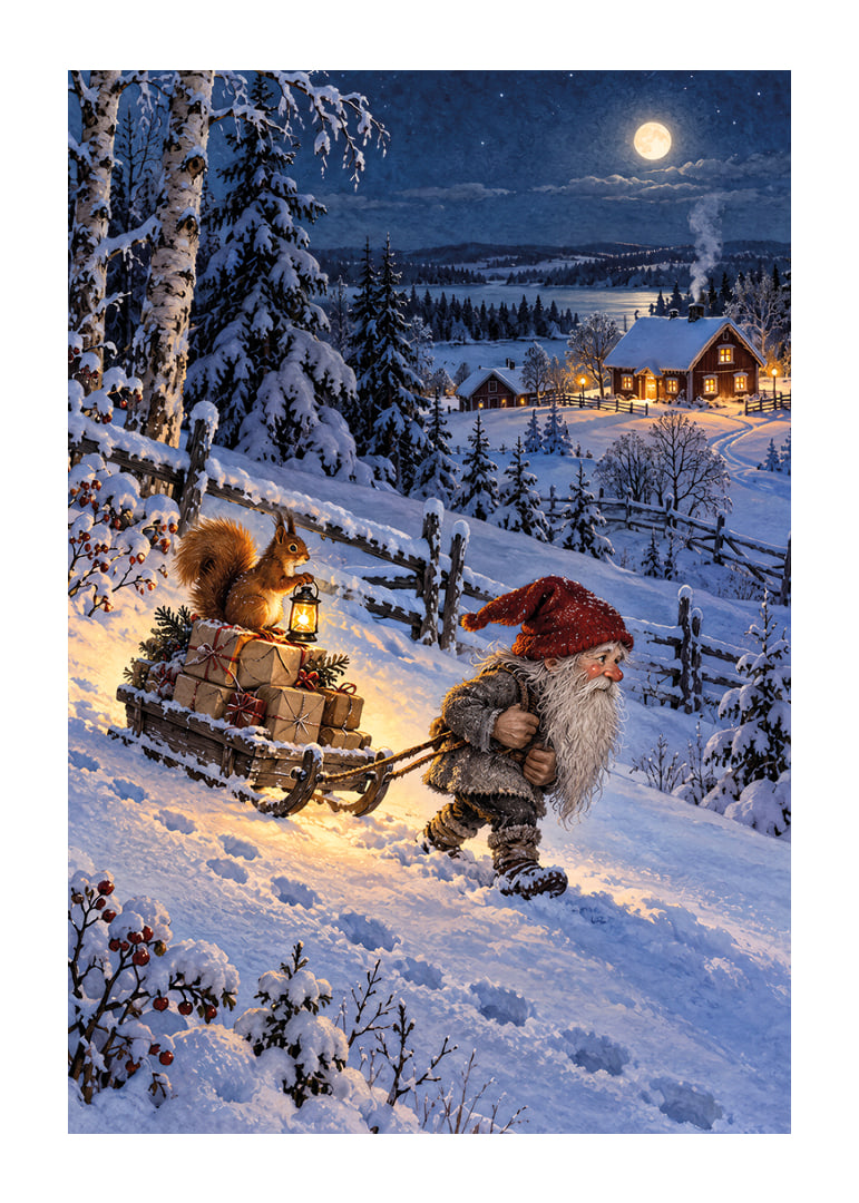 Un Papá Noel arrastra regalos bajo la luz de la luna nevada hacia un cálido pueblo.-12