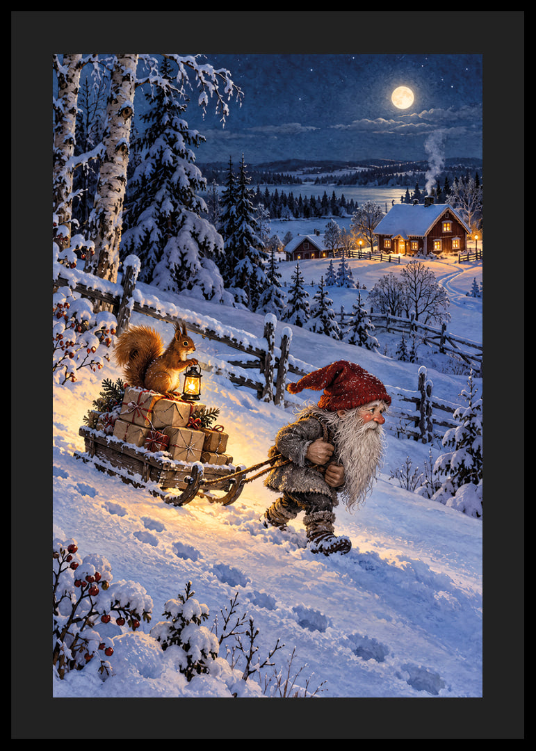 Un Papá Noel arrastra regalos bajo la luz de la luna nevada hacia un cálido pueblo.-12