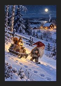 Un Papá Noel arrastra regalos bajo la luz de la luna nevada hacia un cálido pueblo.-5