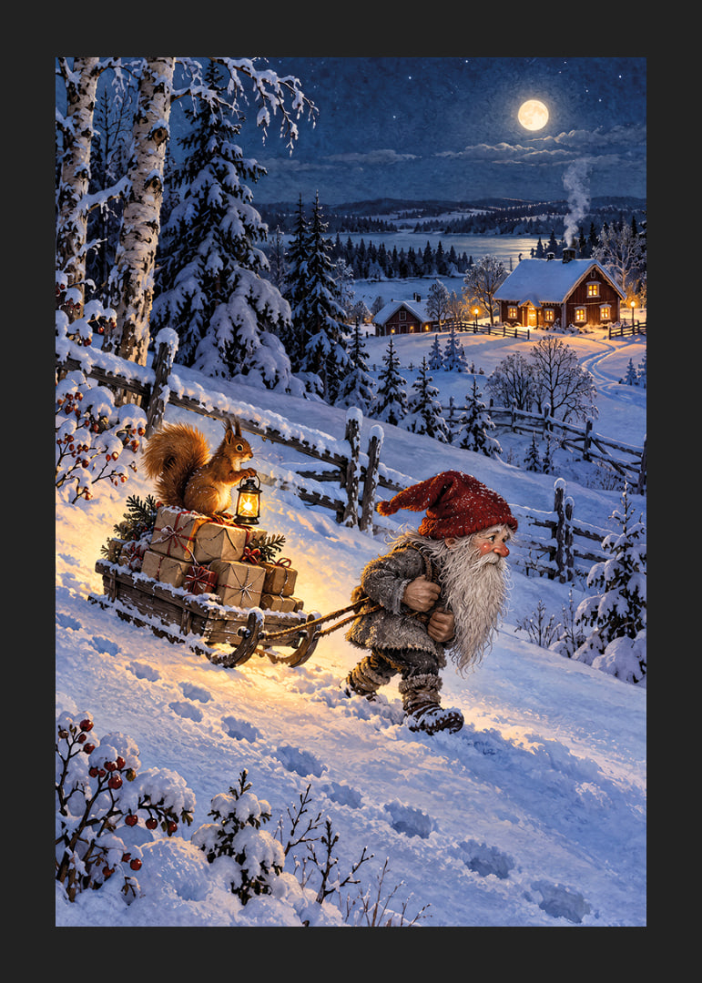 Un Papá Noel arrastra regalos bajo la luz de la luna nevada hacia un cálido pueblo.-12