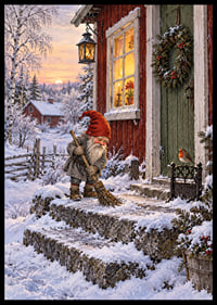 Un elfo barre la nieve en una acogedora cabaña decorada para la Navidad al amanecer invernal.-6