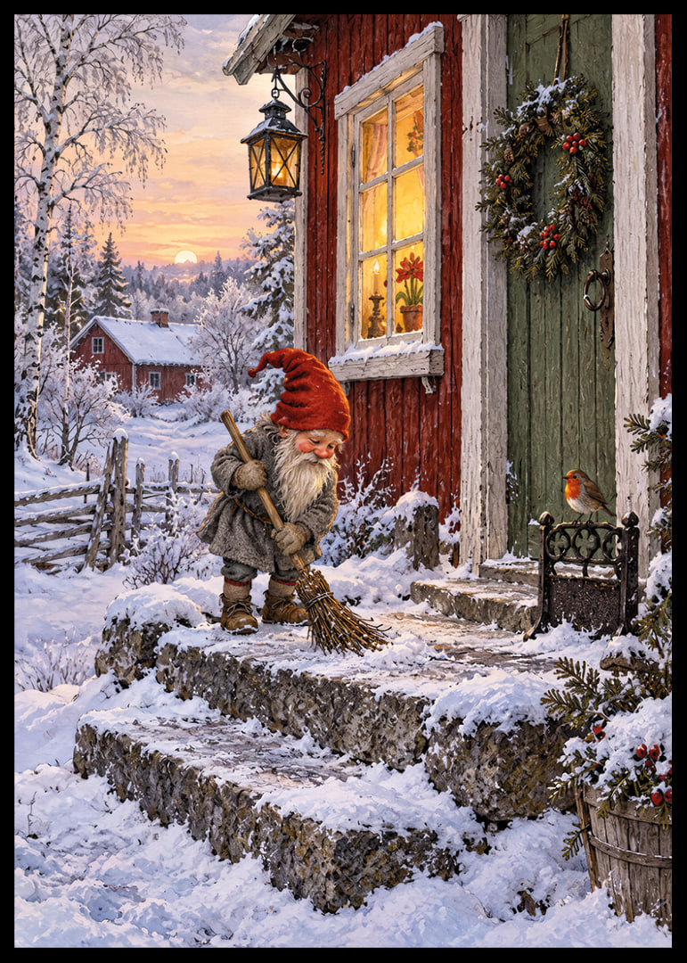 Un elfo barre la nieve en una acogedora cabaña decorada para la Navidad al amanecer invernal.-12