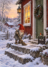 Un elfo barre la nieve en una acogedora cabaña decorada para la Navidad al amanecer invernal.-7