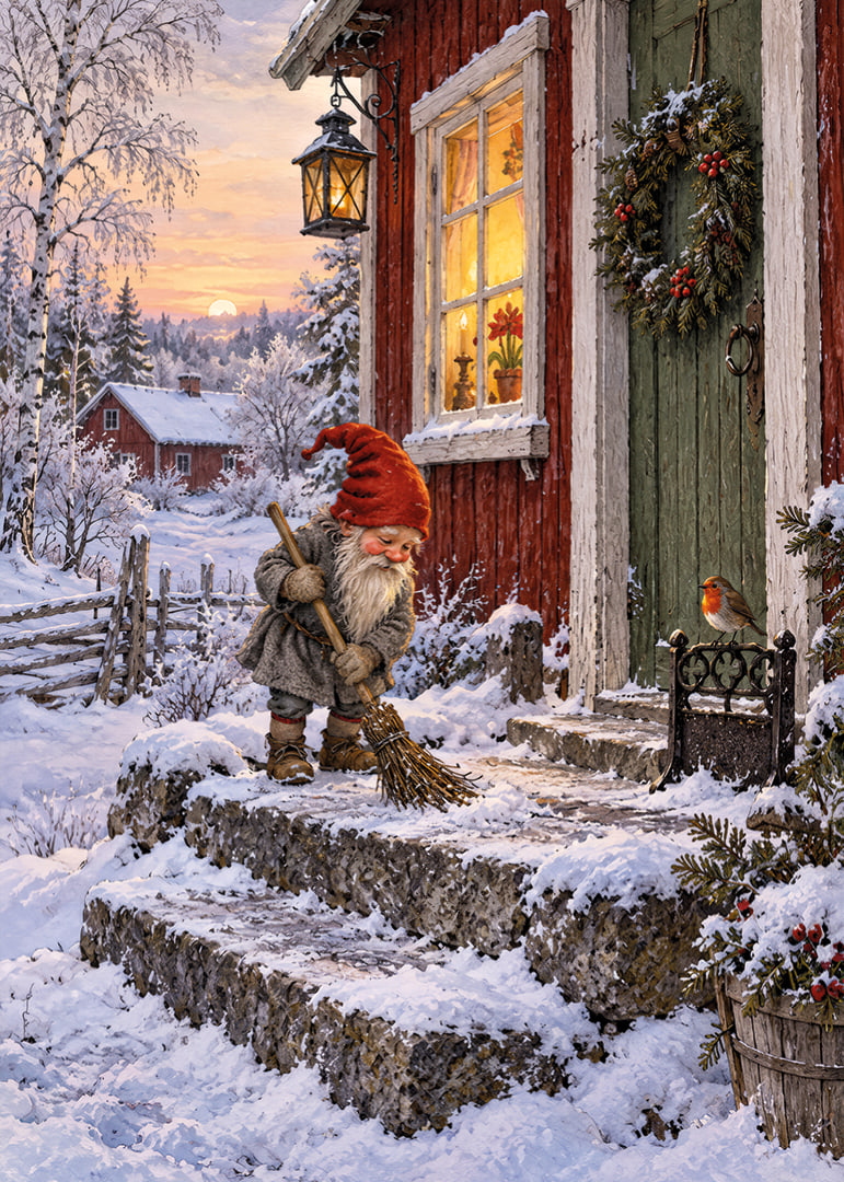Un elfo barre la nieve en una acogedora cabaña decorada para la Navidad al amanecer invernal.-12