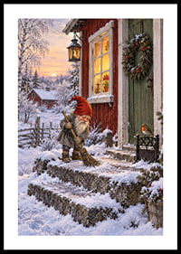 Un elfo barre la nieve en una acogedora cabaña decorada para la Navidad al amanecer invernal.-0