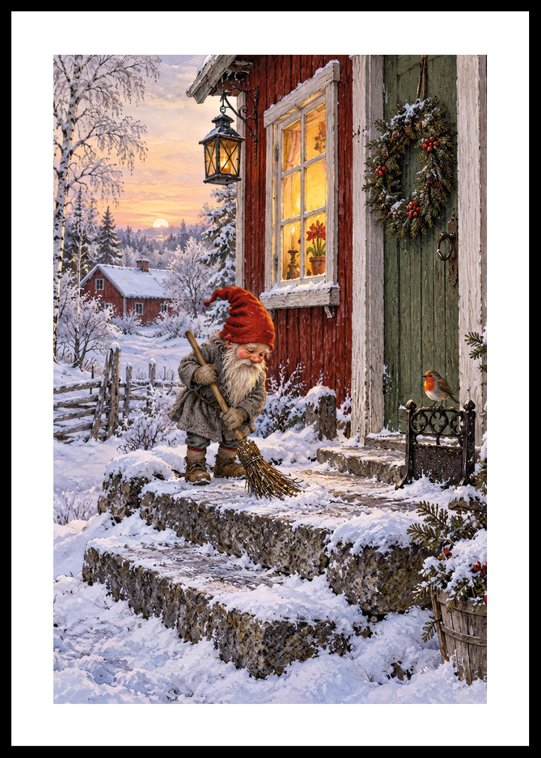 Un elfo barre la nieve en una acogedora cabaña decorada para la Navidad al amanecer invernal.-12
