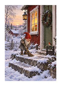 Un elfo barre la nieve en una acogedora cabaña decorada para la Navidad al amanecer invernal.-1