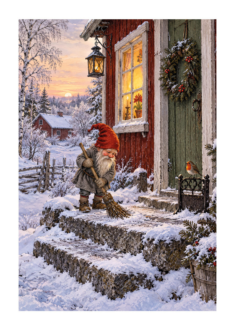 Un elfo barre la nieve en una acogedora cabaña decorada para la Navidad al amanecer invernal.-12