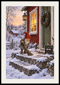 Un elfo barre la nieve en una acogedora cabaña decorada para la Navidad al amanecer invernal.-2