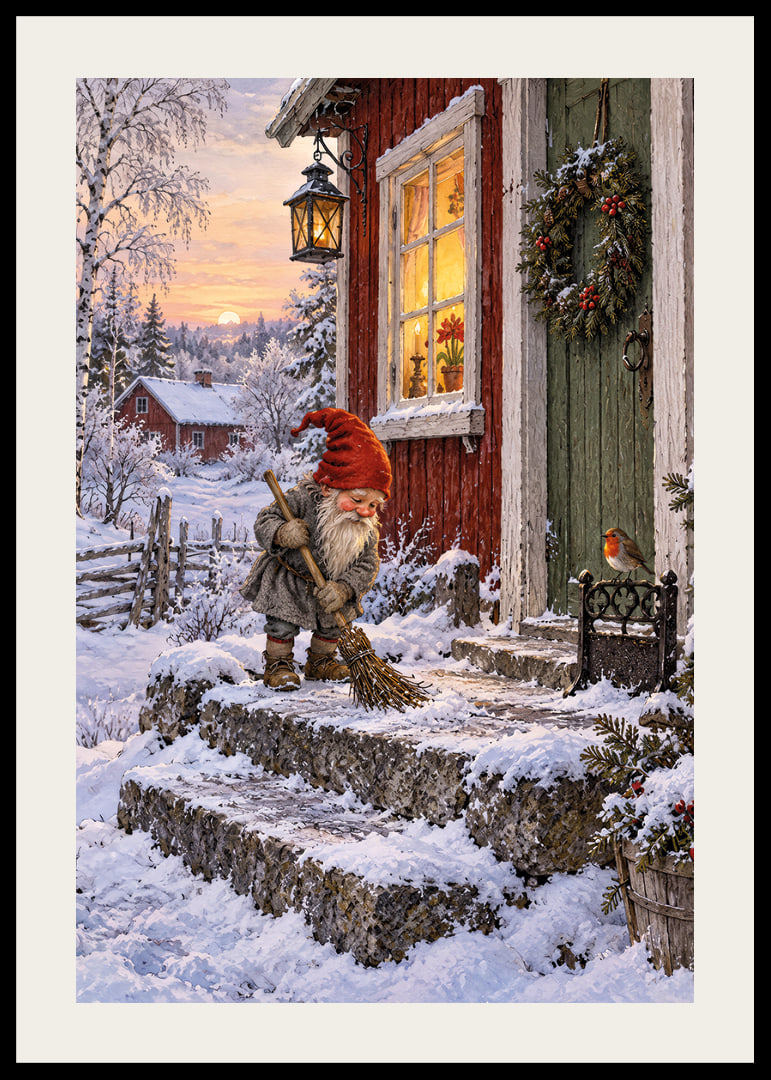 Un elfo barre la nieve en una acogedora cabaña decorada para la Navidad al amanecer invernal.-12