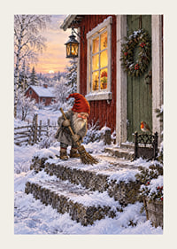 Un elfo barre la nieve en una acogedora cabaña decorada para la Navidad al amanecer invernal.-3