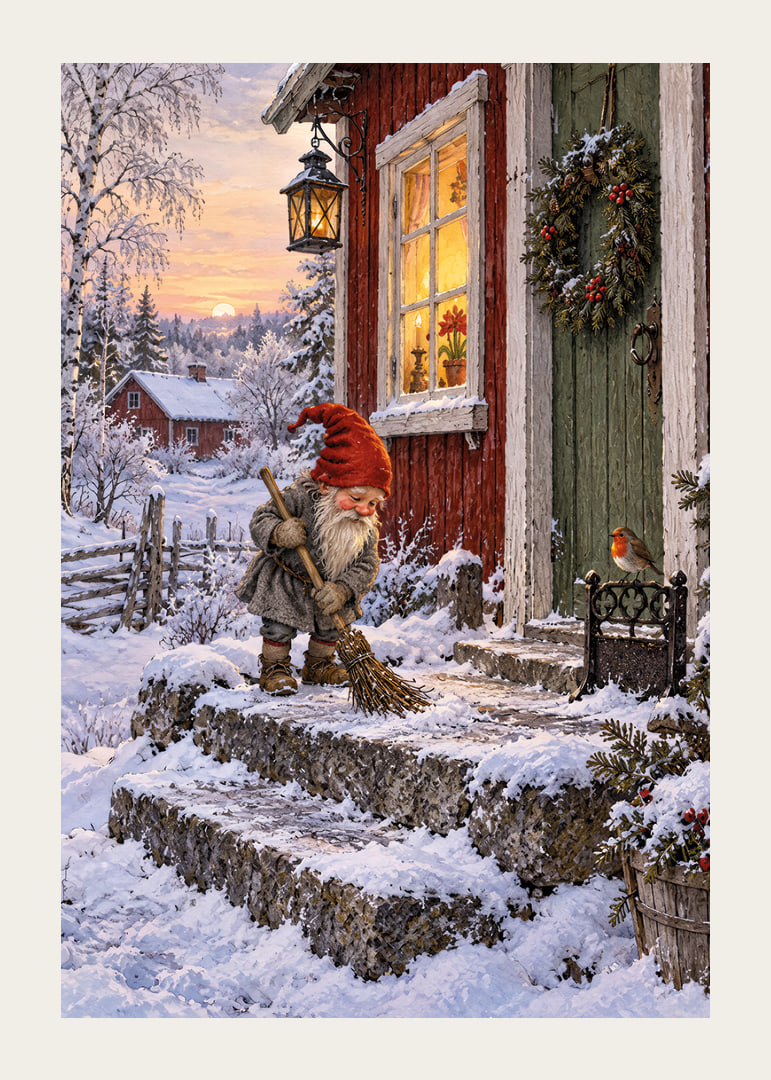 Un elfo barre la nieve en una acogedora cabaña decorada para la Navidad al amanecer invernal.-12