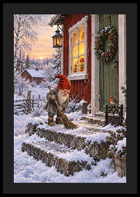 Un elfo barre la nieve en una acogedora cabaña decorada para la Navidad al amanecer invernal.-4