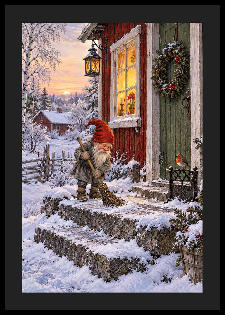 Un elfo barre la nieve en una acogedora cabaña decorada para la Navidad al amanecer invernal.-12