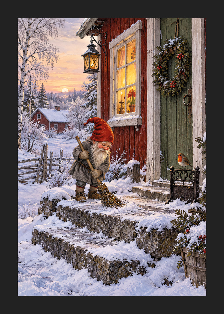 Un elfo barre la nieve en una acogedora cabaña decorada para la Navidad al amanecer invernal.-12