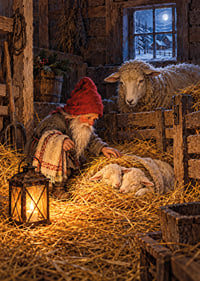 Un elfo vela con ternura por unos corderos dormidos en un cálido establo invernal.-7