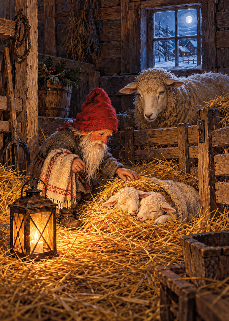Un elfo vela con ternura por unos corderos dormidos en un cálido establo invernal.-12