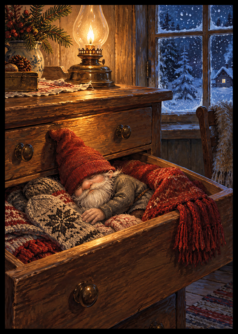Un elfo dormido en una vieja cómoda, rodeado de luz cálida y nieve invernal.-12
