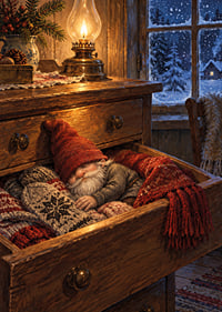 Un elfo dormido en una vieja cómoda, rodeado de luz cálida y nieve invernal.-7