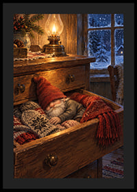 Un elfo dormido en una vieja cómoda, rodeado de luz cálida y nieve invernal.-4