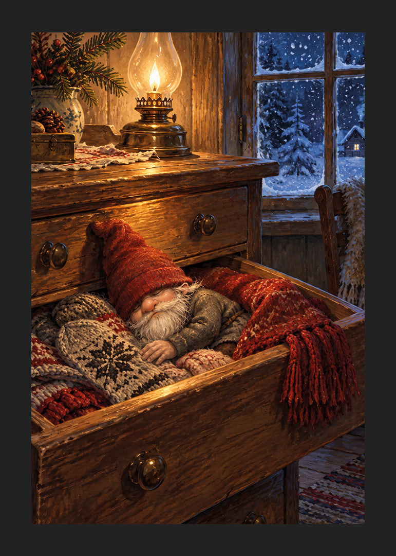 Un elfo dormido en una vieja cómoda, rodeado de luz cálida y nieve invernal.-12