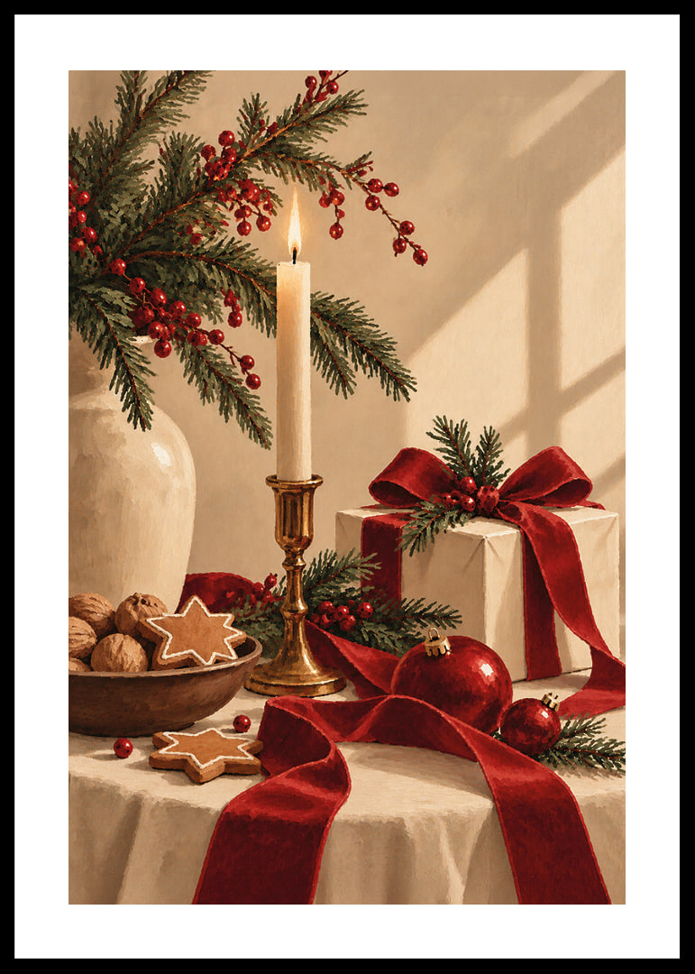 Un cálido bodegón navideño con velas, ramas de abeto, cintas rojas y paquetes envueltos.-12
