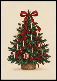 Un árbol de Navidad clásico con lazos rojos, adornos y velas en un cálido estilo de acuarela.-6
