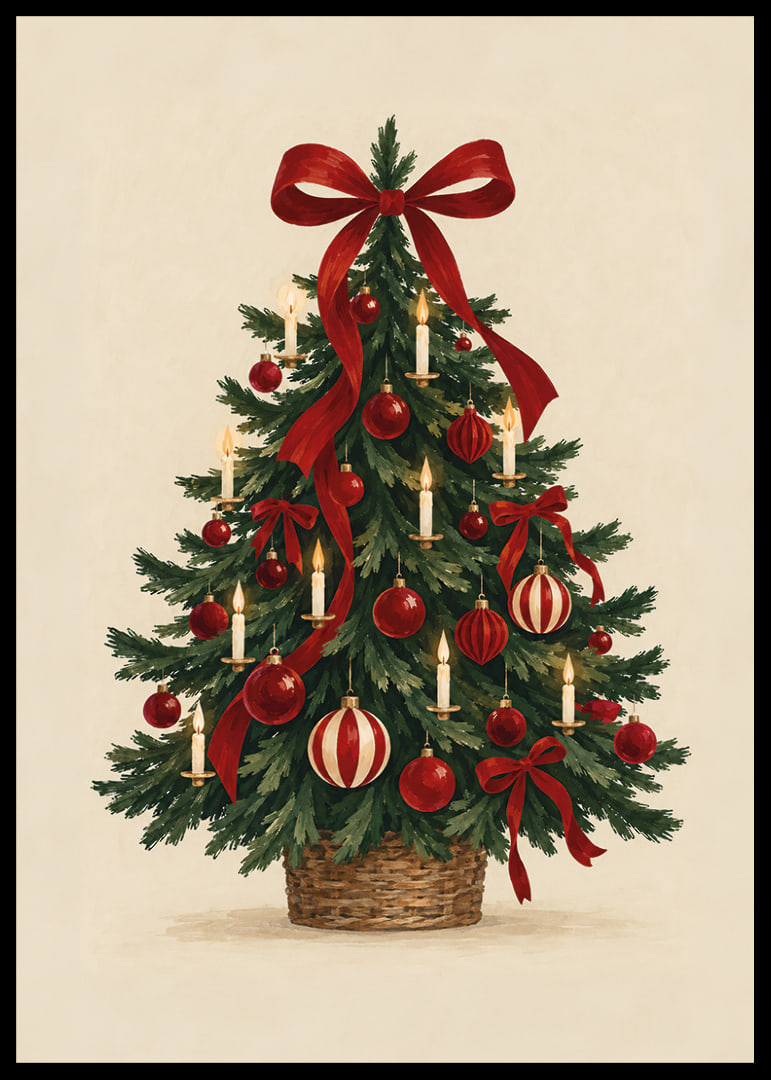 Un árbol de Navidad clásico con lazos rojos, adornos y velas en un cálido estilo de acuarela.-12