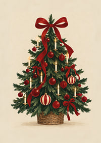 Un árbol de Navidad clásico con lazos rojos, adornos y velas en un cálido estilo de acuarela.-7