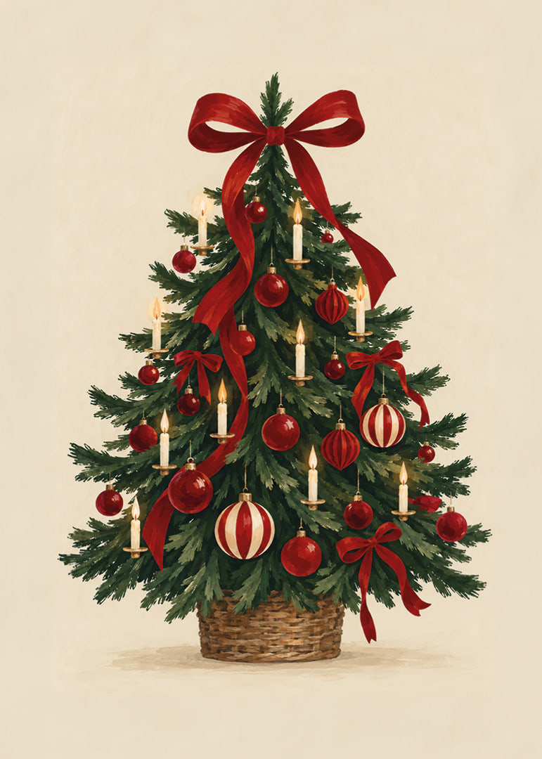 Un árbol de Navidad clásico con lazos rojos, adornos y velas en un cálido estilo de acuarela.-12