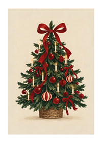 Un árbol de Navidad clásico con lazos rojos, adornos y velas en un cálido estilo de acuarela.-1