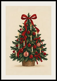 Un árbol de Navidad clásico con lazos rojos, adornos y velas en un cálido estilo de acuarela.-2