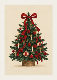 Un árbol de Navidad clásico con lazos rojos, adornos y velas en un cálido estilo de acuarela.-3