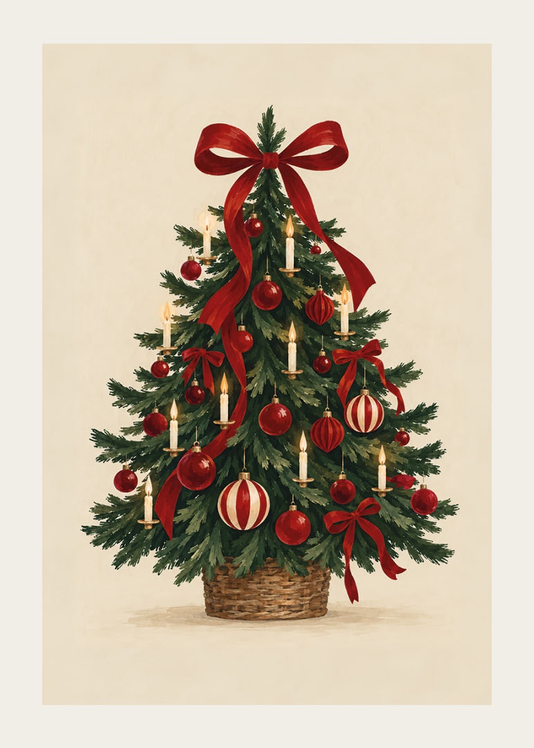 Un árbol de Navidad clásico con lazos rojos, adornos y velas en un cálido estilo de acuarela.-12