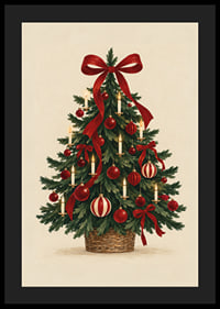 Un árbol de Navidad clásico con lazos rojos, adornos y velas en un cálido estilo de acuarela.-4