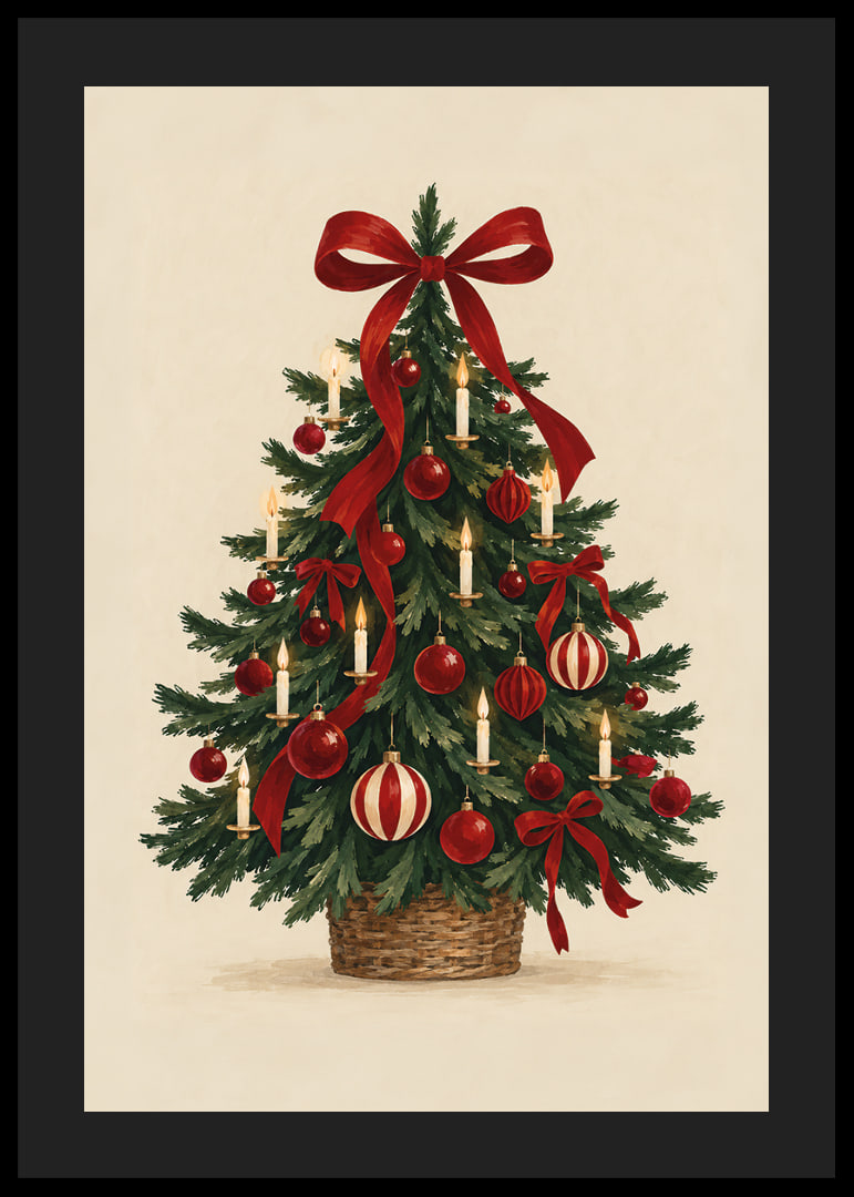 Un árbol de Navidad clásico con lazos rojos, adornos y velas en un cálido estilo de acuarela.-12