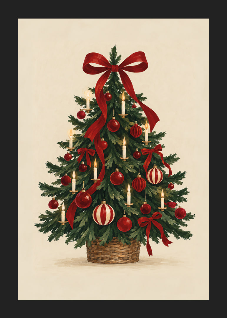 Un árbol de Navidad clásico con lazos rojos, adornos y velas en un cálido estilo de acuarela.-12