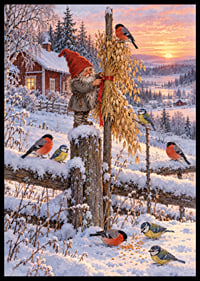 Un Papá Noel y unos pajaritos de colores se encuentran en un paisaje invernal nevado al amanecer.-6