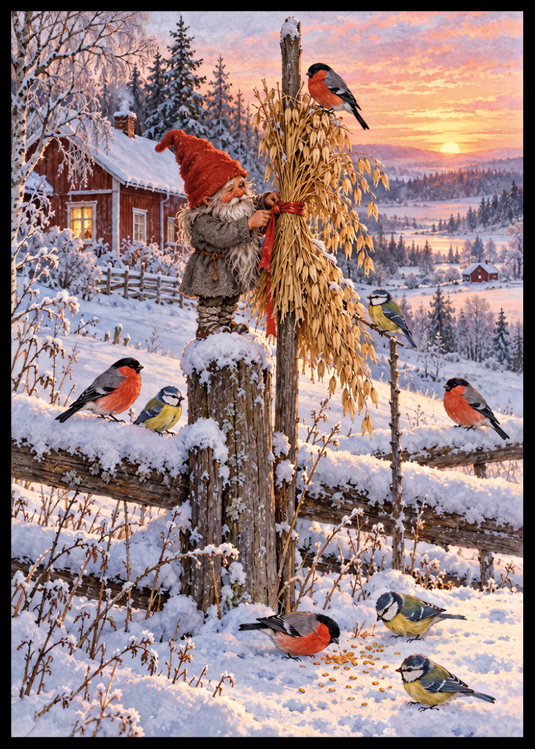 Un Papá Noel y unos pajaritos de colores se encuentran en un paisaje invernal nevado al amanecer.-12
