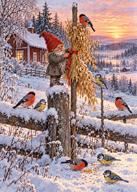 Un Papá Noel y unos pajaritos de colores se encuentran en un paisaje invernal nevado al amanecer.-7
