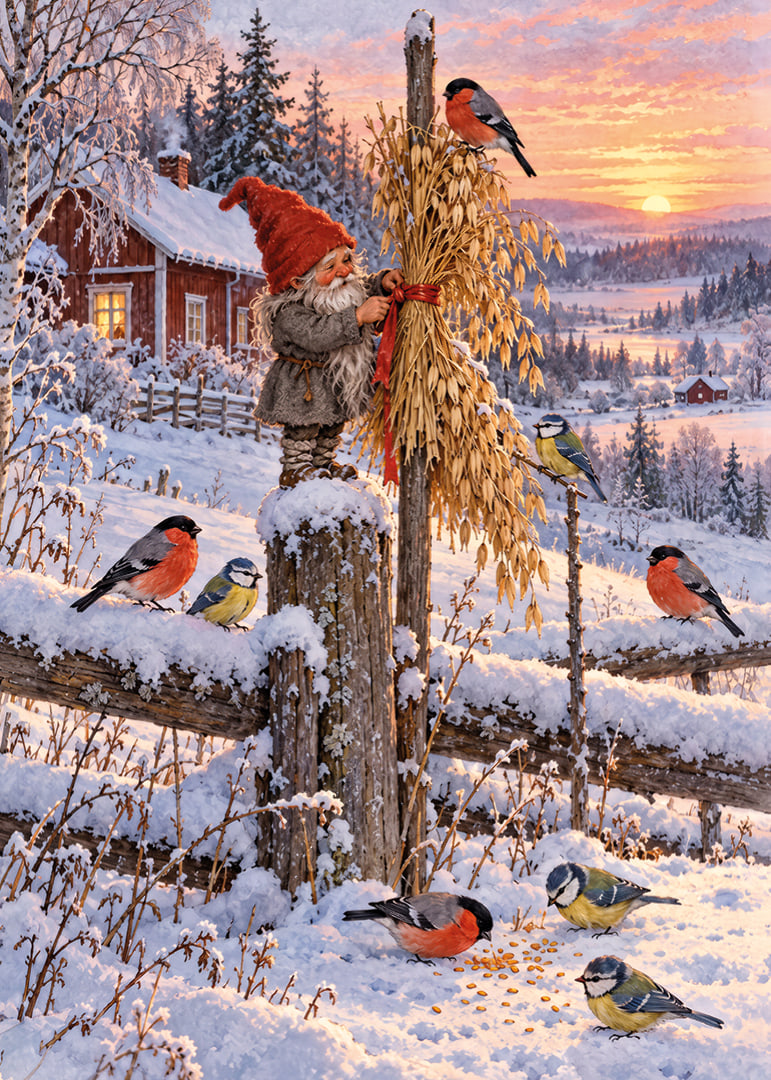 Un Papá Noel y unos pajaritos de colores se encuentran en un paisaje invernal nevado al amanecer.-12